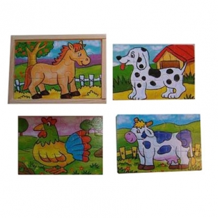4 houten Dierenpuzzels in Kistje